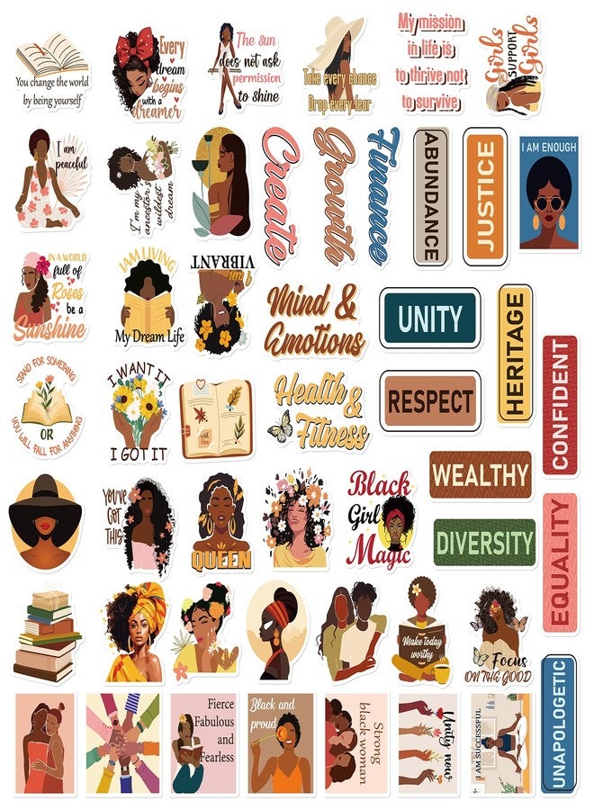 AFRITEE Black Girls Bulk Stickers - 50 Pcs Inspirational Quotes Vision Board Supplies for Women, Confident Equality Proud Vinyl Waterproof Decals DIY Diary Wish Suitcase Decoration Gift for Girl - Image 1